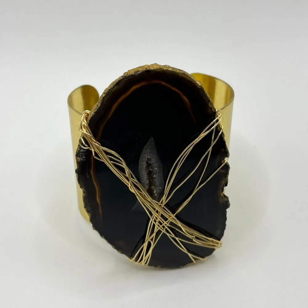 Black Wire Wrapped Geode Cuff Bracelet Gold Tone Metal Agate Slice Stone Mens